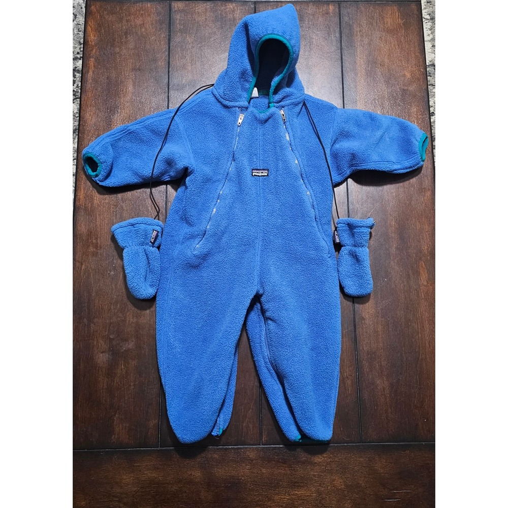 Patagonia Vintage Synchilla Fleece Bunting Blue Hooded One Piece 12M Mittens USA